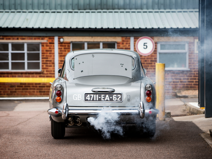 The car was featured in "Goldfinger" for 10 minutes and 21 seconds. It was also used in "Thunderball" with the addition of a jet pack and water cannons. Two more DB5s were also ordered for "Thunderball" promotional uses, one of which is the car for sale now.