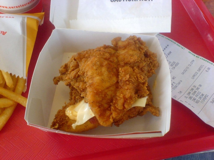 2010 — DOUBLE DOWN, KFC: What would happen if you used fried chicken as the buns in a fried-chicken sandwich, then slapped some bacon and cheese in between? You