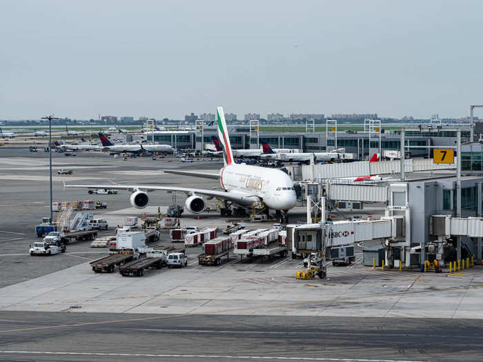 To the right, pool-goers can get a glimpse of Terminal 4, including the large gate that hosts A380 jumbo jets from Emirates and Singapore Airlines.