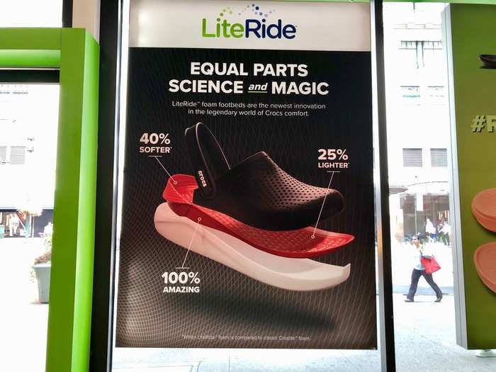 Another sign was advertising how a specific shoe uses certain materials to maximize comfort and feel. However they may look, Crocs are certainly comfort-focused and I couldn