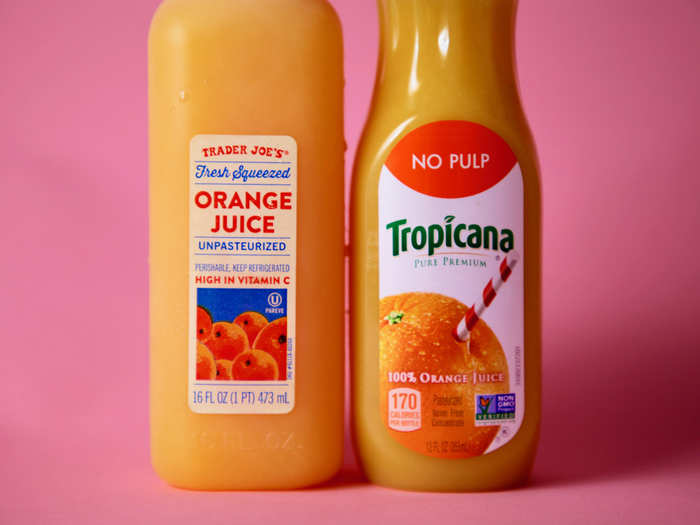 The two juices were bottled similarly, but we knew they would taste differently based on the advertising on the wrapper. The Tropicana juice was not freshly squeezed like the Trader Joe