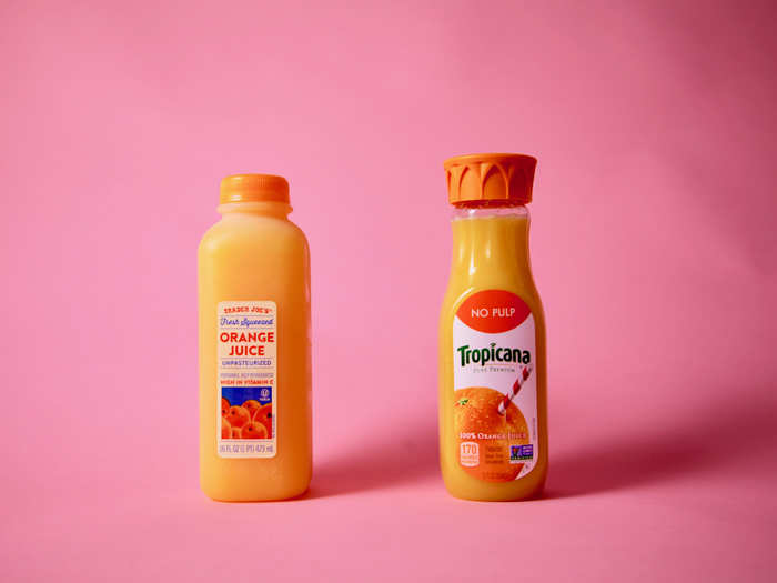 8. ORANGE JUICE — Our last head-to-head was in the juice department. The Tropicana orange juice for $2.19 was cheaper than the Trader Joe