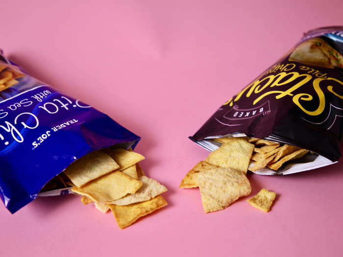 WINNER: Tie — The two brands of pita chips looked and tasted exactly the same. With basically identical nutritional facts, we concluded that the two brands probably come from the same supplier.