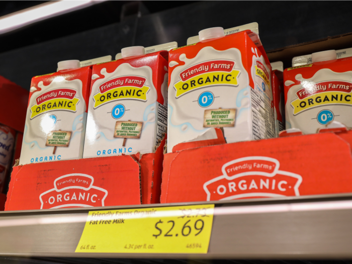 And a carton of organic fat-free milk by Friendly Farms was priced at $2.69 at Aldi.