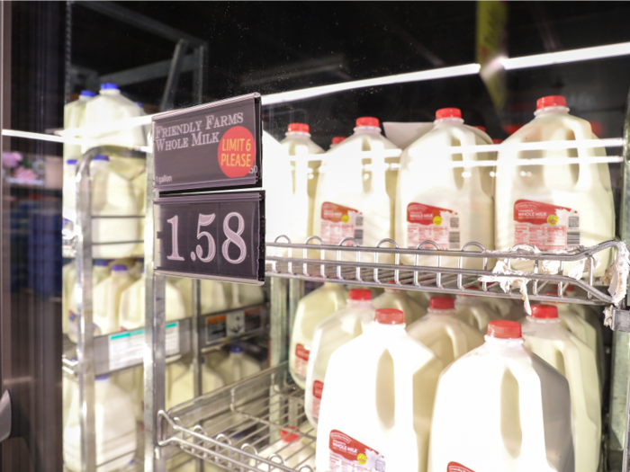 A gallon of whole milk at Aldi cost $1.58.