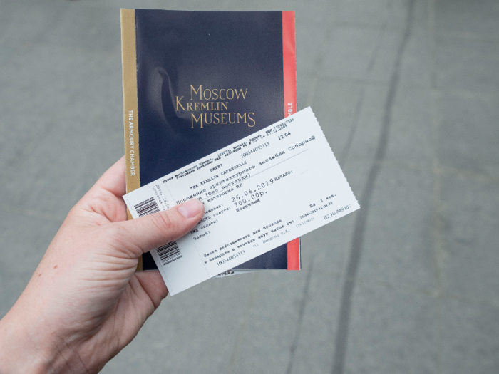 After waiting in line for less than 10 minutes, I had my ticket. I bought a ticket to the Architectural complex of the Cathedral Square section of the Kremlin, which cost 700 rubles, or about $10.50.