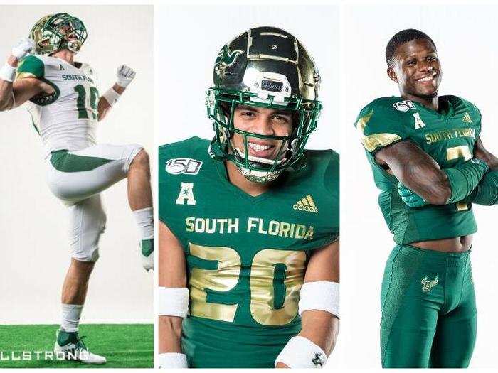 South Florida — New uniforms for the Bulls. The biggest change is the replacement of the logo on the sleeves with a single horn in reflective gold.