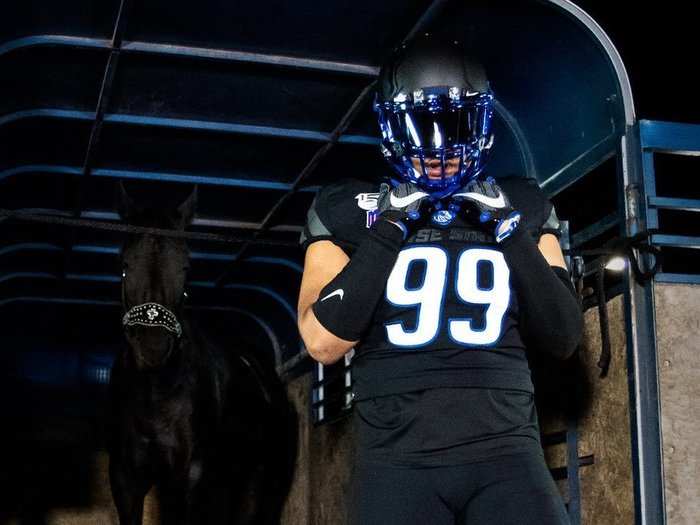 Boise State — The Broncos are bringing back their all-black look, although it is not exactly the same as the previous version from a few years ago. This one has all-white numbers.