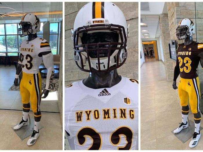 Wyoming — Some tweaks to the Cowboys uniforms. The big changes are a new striping pattern on the sleeves and the addition of stripes to the pants. Also, the nose bumper (above the facemask) now says "Wyoming." It used to say "WYO."