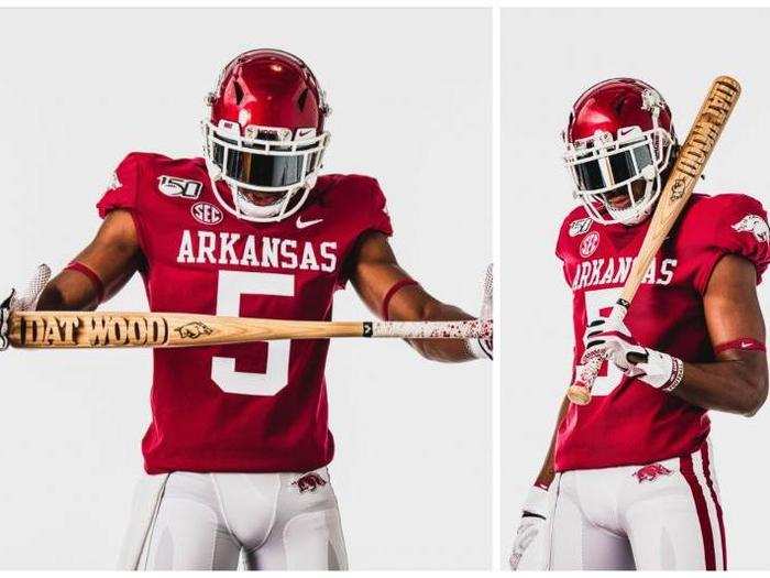 Arkansas — The Razorbacks have simplified their uniforms. A logo has replaced the stripes on the shoulders, and the swoosh-like stripe on the pants is now a more traditional double-stripe. The wordmark across the chest also appears to be bigger.