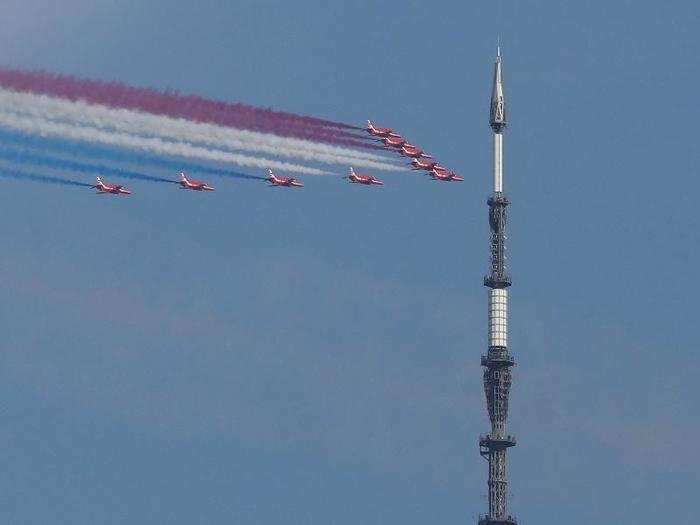 The Red Arrows flew from Stewart Airport down to the Hudson River, down the lower tip of Manhattan, flying by landmarks like the Statue of Liberty, the Empire State Building, and the One World Trade Center building. "You see on a map with New York on there, and you