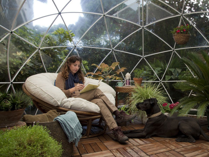 The wind- and snow-resistant dome sits on a 107-square-foot base area and has a maximum height of seven feet and two inches, making it large enough for most people to stand up inside.