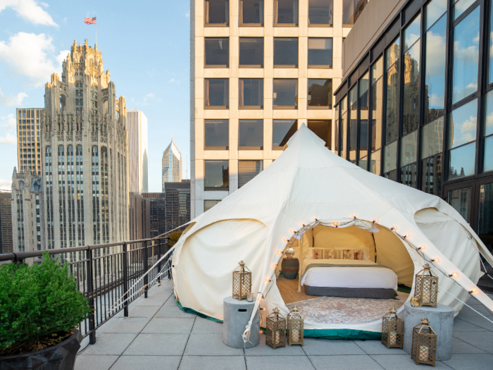 Even luxury hotels are cashing in on the urban glamping trend. The Gwen Hotel in Chicago lets guests stay in a luxury tent on the terrace of the hotel