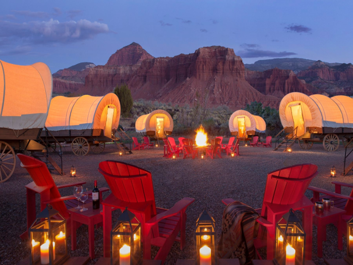 At the Capitol Reef Resort in Utah, guests can glamp in covered wagons based on 19th-century designs. But beyond the exterior, these wagons are nothing like the ones pioneers slept in.