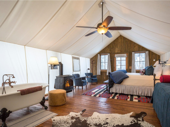 The glamping cabins range in size from 790 square feet to 1,300 square feet. Some have multiple bedrooms, gas stoves, and soaking tubs.