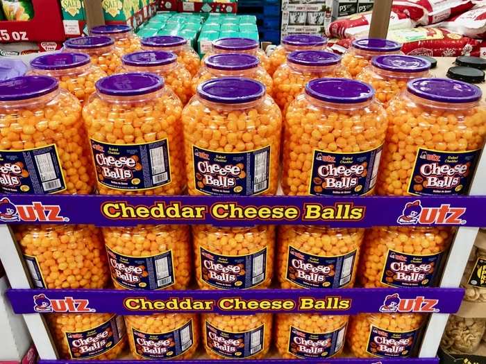 These tubs of neon orange cheese balls for $6.14 caught our eye.