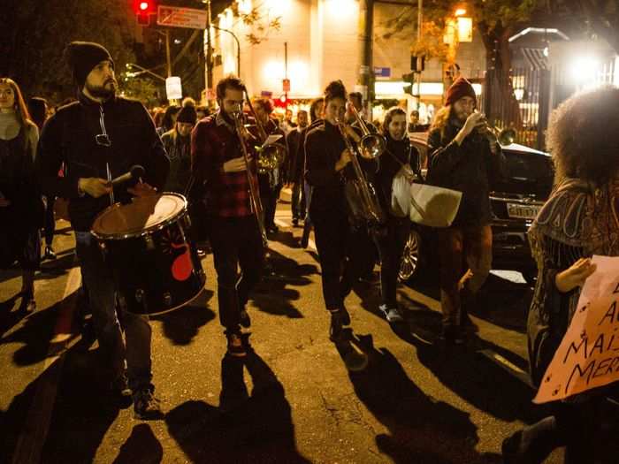 Music was part of the protest, too. Different bands played on the street, and people sang.