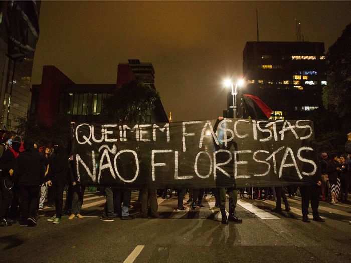 This large sign reads: "Burn fascist, not forests."