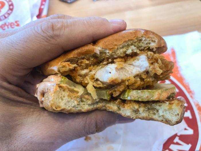 It’s not just moist — it’s downright juicy. And spicy, too, with a kick that hits you from the very first bite.  The overall flavor, juiciness, and crunch made this a better sandwich than I’ve ever had at Chick-fil-A. My favorite chicken sandwich ever? Yeah, probably.