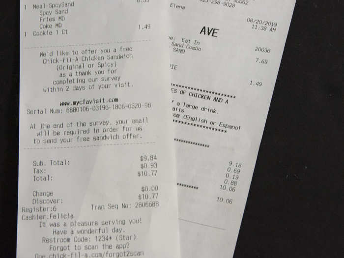 The total came to a reasonable $10.06, which is exactly 71 cents cheaper than a similar lunch at Chick-fil-A: chicken sandwich, waffle fries, soda, and a cookie for dessert.