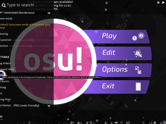 You should take a look at your settings as soon as you start "Osu!" I prefer to turn off the storyboards and seasonal backgrounds on the main menu, since some of them aren