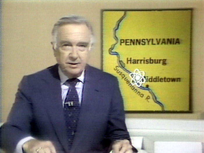 CBS News anchor Walter Cronkite reported on the Three Mile Island crisis, calling it the "first step in a nuclear nightmare."