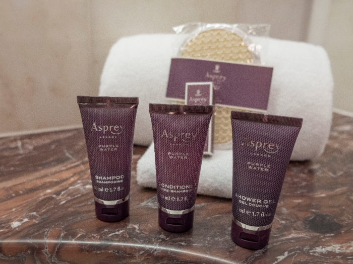 The toiletries provided were from the British luxury brand Asprey.