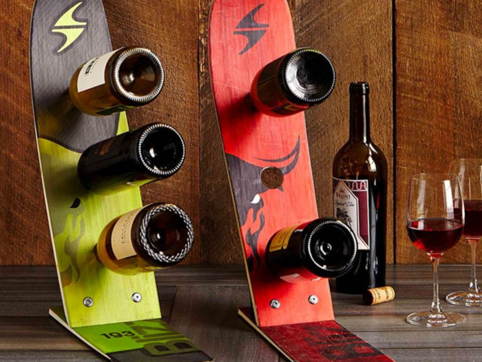 A wine rack made from a reclaimed ski