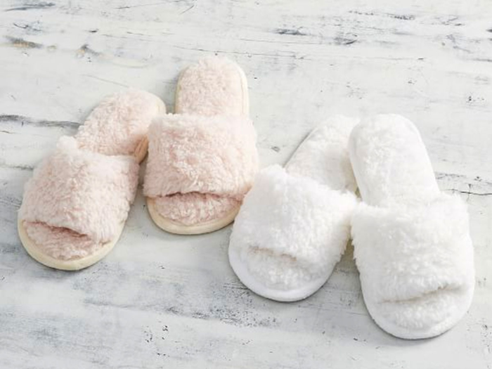 A pair of plush slippers for lounging around the house