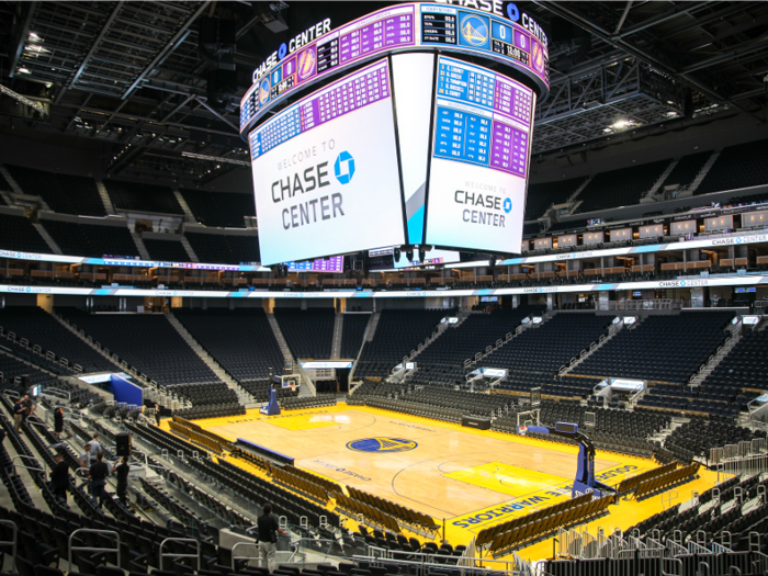 But that’s only when the Warriors aren’t playing. When they are, the arena’s gargantuan scoreboard dangles above the center of the court.