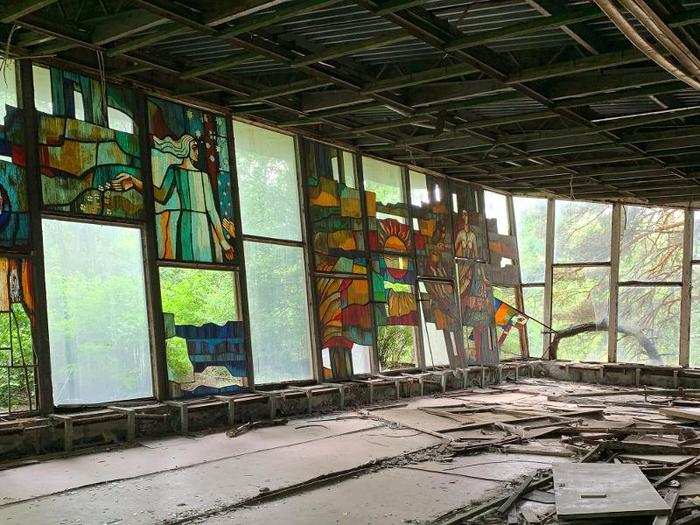 She said there was a cafe right next to the river with beautiful stained glass windows. They wandered around Pripyat for an hour to an hour and a half, Zwick said.