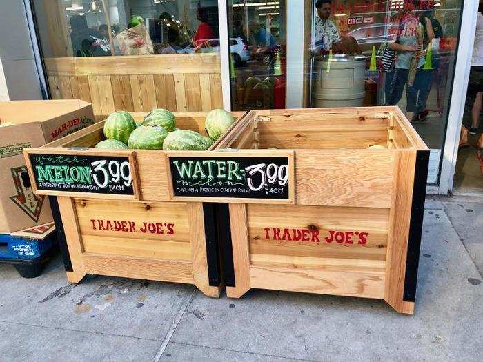 Outside, we saw some seasonal watermelon on sale for just $3.99 each, which we thought was a steal. The wooden crates were also a nice thematic touch.