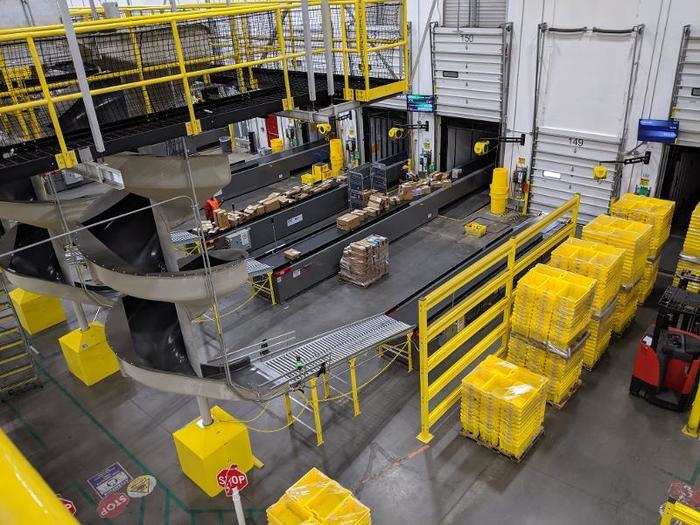 Packages are pushed as close as possible to the shipping bay, where employees play a careful game of shipping "Tetris" to pack trucks as efficiently as possible: