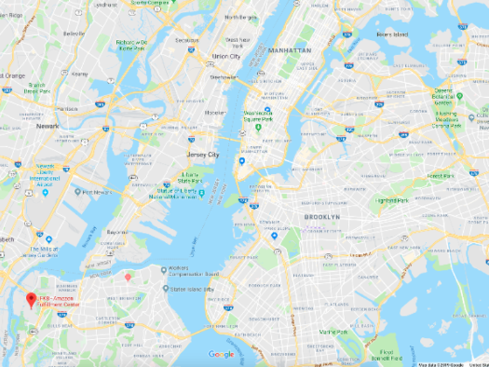 As you can see in the map below, the fulfillment center — codenamed "JFK8" — is at the western-most edge of Staten Island.