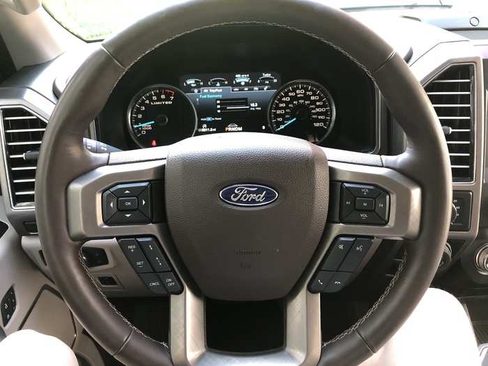 The F-150 has a multifunction steering wheel, leather wrapped ...