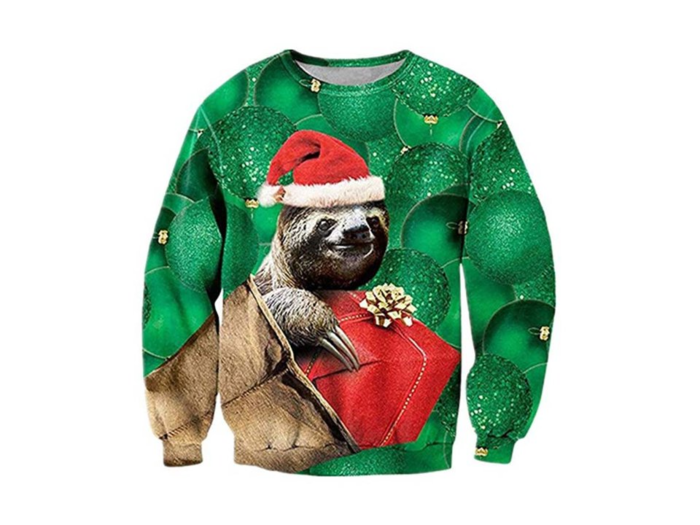 A Slothmas sweatshirt