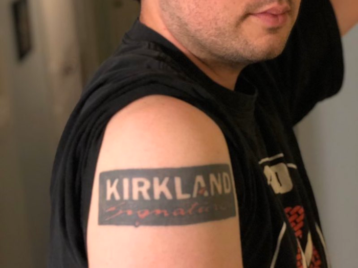 Ellinger sports a tattoo of the logo of Kirkland Signature, Costco