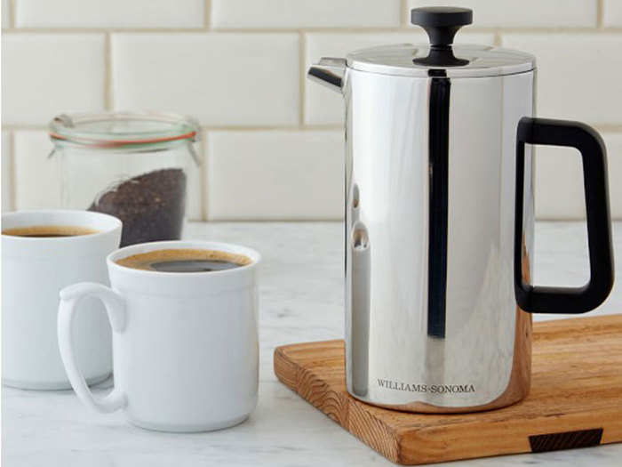 A stainless steel French press for convenient coffee always at the ideal temperature