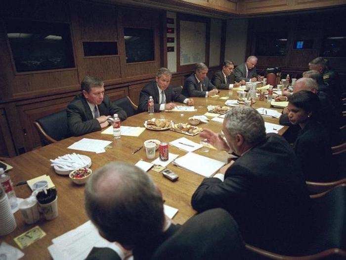 After addressing the nation, Bush meets with his National Security Council in the President