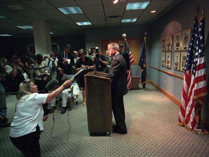 Bush delivers remarks on the terrorist attacks before departing for Offutt Air Force Base in Nebraska.