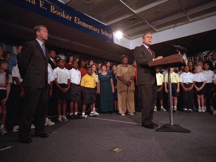 Bush delivers one of his first remarks to the nation after the attacks, from the elementary school.