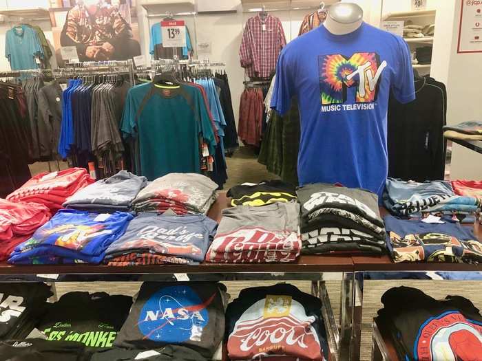 We found multiple tables with different shirts, referencing everything from old movies to brands. Plus, a lot of them were on clearance.