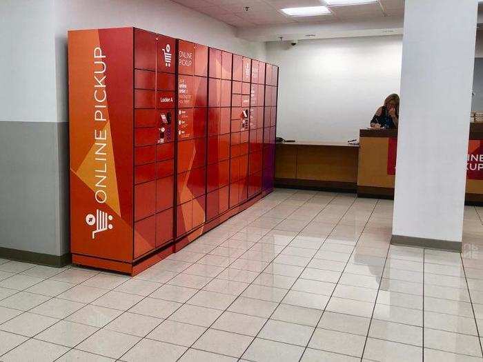 We found some red lockers near the back of the store reserved for shoppers who had ordered items online and were picking up their purchases in the store.