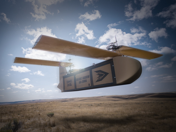 This autonomous, silent drone by Yates Electrospace Corporation is designed to transport cargo undetected. It is nicknamed "The Silent Arrow." It was unveiled at DSEI, but Business Insider wasn