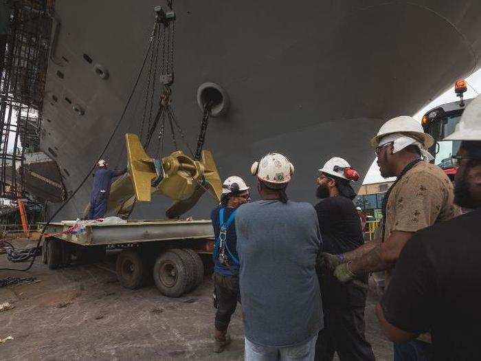 The starboard anchor weighs 32 tons and was first built in 1957, several years before the "Big E" went into service.