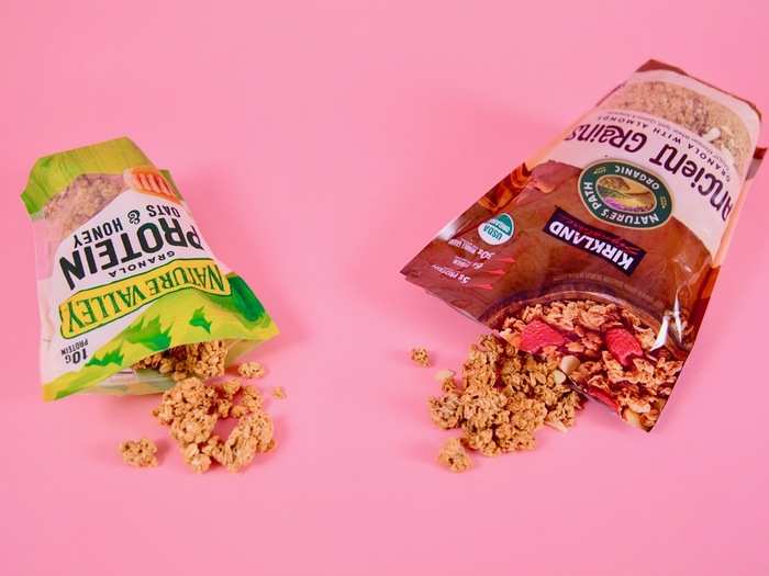 Both brands had the granola packaged in bite-sized clumps, but the Kirkland brand had smaller pieces overall.