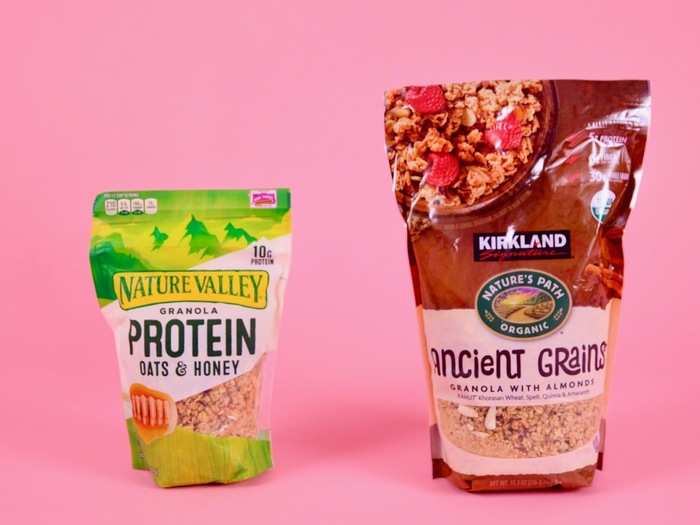 4. GRANOLA — It was difficult to find identical granola bags to compare, but we ending up going with a bag of Nature Valley oats and honey granola and the almond granola from Kirkland Signature.