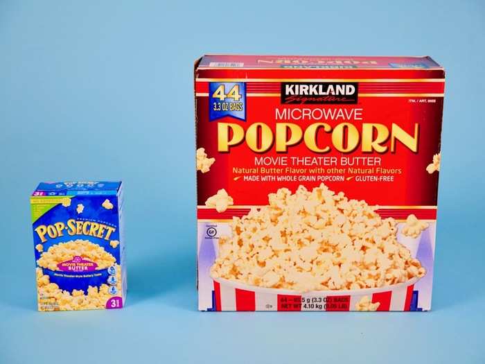 3. POPCORN — Next up, movie theater-style popcorn from Kirkland Signature and Pop Secret. Naturally, the size disparity in the two packages was enormous. The Kirkland box came with a whopping 44 bags.