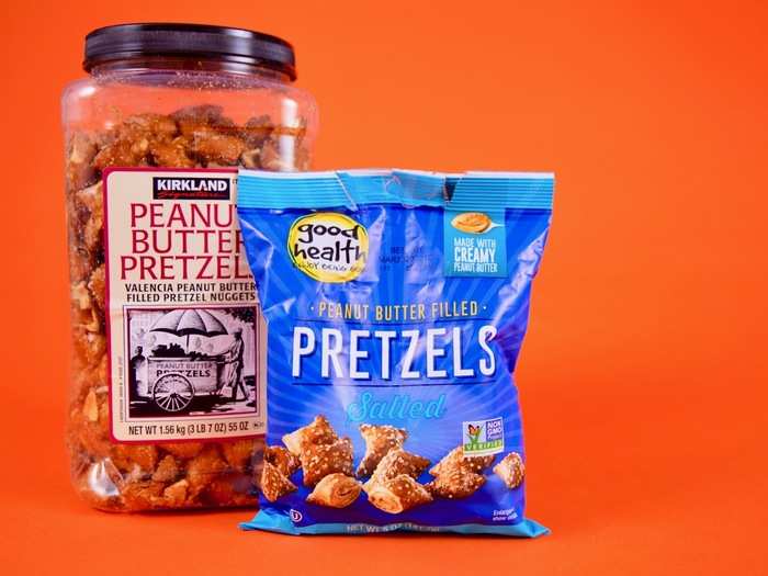 1. PEANUT BUTTER PRETZELS — We started with one of our favorite snacks, pitting the Good Health brand against the Kirkland brand. The Kirkland Signature peanut butter pretzels naturally came in a much larger plastic container but was still a surprisingly low $10.49.