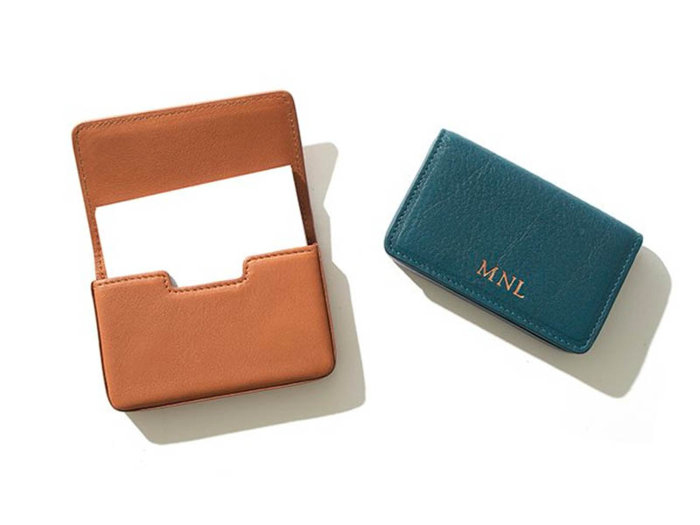 A leather business card holder